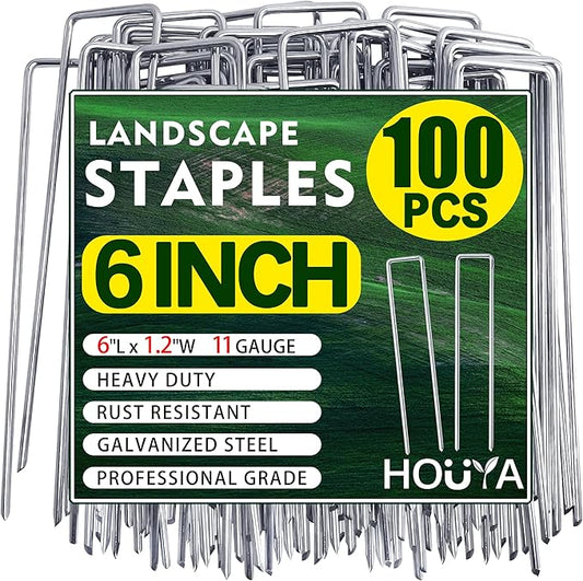 100 PCS Landscape Staples 6 Inch Galvanized Garden Stakes Garden Staples Pins Anti-Rust Ground Stakes for Weed Barrier, Irrigation Hose, Yard Lawn SOD, Landscape Fabric, Decor 6"L x1.2"W 100pcs