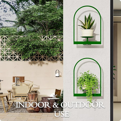 Green Metal Wall Plant Holder - 2-Pack Wall Mounted Plant Stands and Hanging Holders for Indoor Planter and Flower Pot - Arch Decor Shelf for Plant Storage (Pot Not Included)