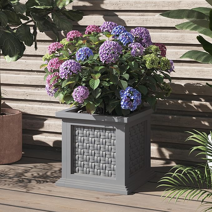 Rattan Style Outdoor Planter Box - 14.65-Inch-Square Decorative Flower or Plant Pot - Garden, Patio and Front Porch Decor by Pure Garden (Terracotta)
