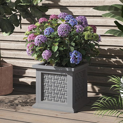 Rattan Style Outdoor Planter Box - 14.65-Inch-Square Decorative Flower or Plant Pot - Garden, Patio and Front Porch Decor by Pure Garden (Terracotta)