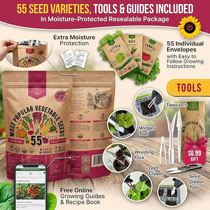 55 Vegetable Seeds Variety Pack - 35,600+ Non-GMO Heirloom Seeds for Planting Vegetables and Fruits in Individual Seed Packets, Home Garden Seeds for Hydroponic, Indoor and Outdoors Gardening