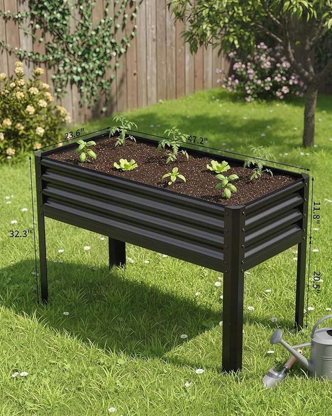Large Raised Garden Bed with Legs, 48×24×32 in Galvanized Elevated Planter Box for Backyard, Patio, Balcony, 400lb Capacity, Black