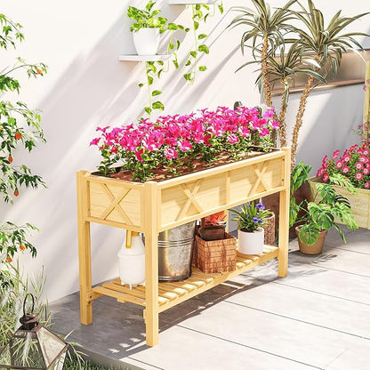 Outsunny Raised Garden Bed, Elevated Wood Planter Box with Storage Shelf, Drainage Holes, and Liner for Backyard, Patio, Balcony, 47 x 22 x 31.5 in, Natural