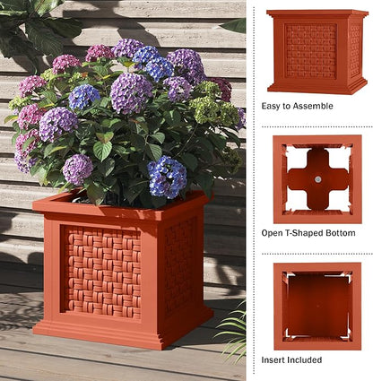 Rattan Style Outdoor Planter Box - 14.65-Inch-Square Decorative Flower or Plant Pot - Garden, Patio and Front Porch Decor by Pure Garden (Terracotta)