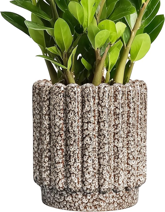 Ceramic Plant Pots - 7.6 Inch Ceramic Planters with Drainage Hole, Fluted Round Planter for Indoor Plants, Decorative Flower Pots Outdoor, Desk Decor, Garden Gifts, Leopard Print White