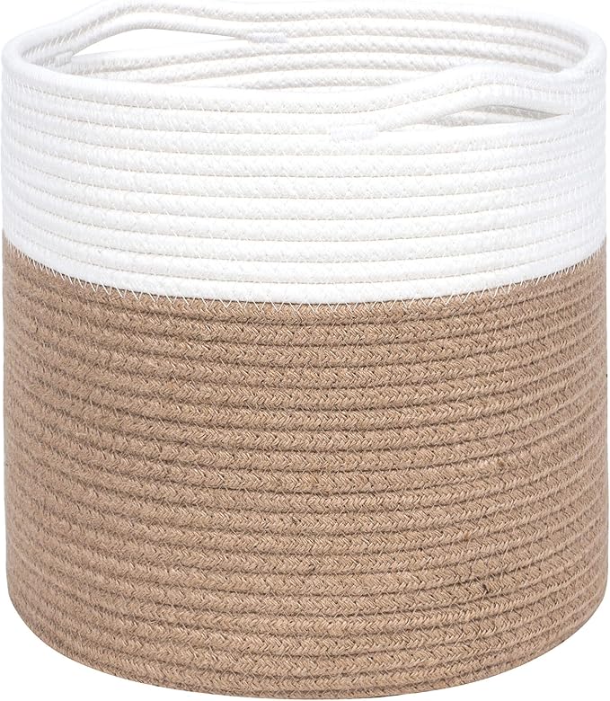 MINTWOOD Design 11 x 11 Inches Cotton Rope Basket for Flower Pot and Indoor Floor Planters, Decorative Round Woven Plant Pot Basket, Planter Covers, Small Dog Toy Storage Baskets, Jute