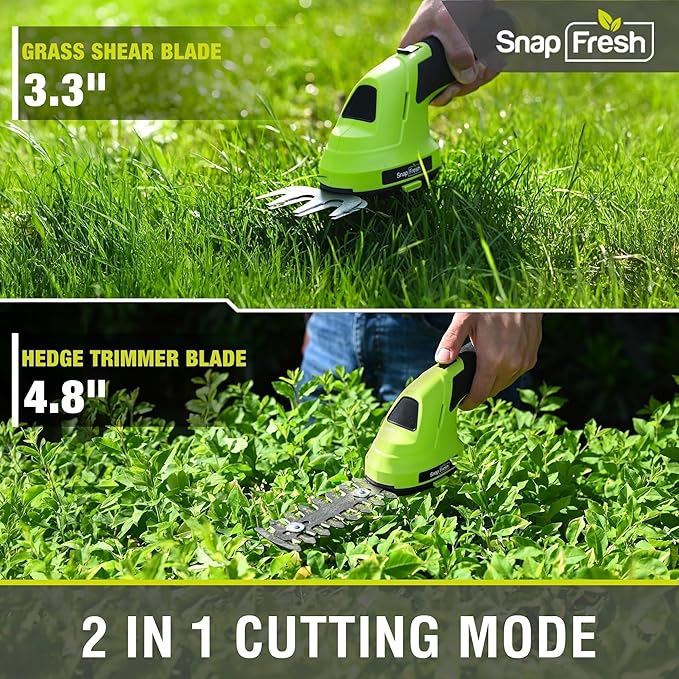 SnapFresh Hedge Trimmer Cordless Grass Shear, 2 in 1 Electric Grass Trimmer and Hedge Shears, Handheld Bush Trimmer/Grass Cutter/Shrub Trimmers with Battery for Garden & Lawn, USB-C Cable Included