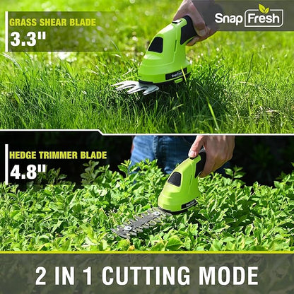 SnapFresh Hedge Trimmer Cordless Grass Shear, 2 in 1 Electric Grass Trimmer and Hedge Shears, Handheld Bush Trimmer/Grass Cutter/Shrub Trimmers with Battery for Garden & Lawn, USB-C Cable Included