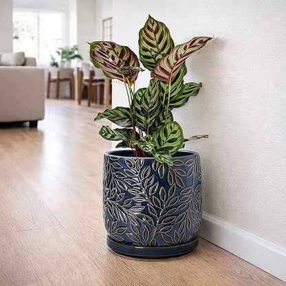 D'vine Dev 8 Inch Embossed Leaves Stoneware Planter Pot with Drainage Hole and Saucer, Midnight Blue, 27-A-Q-3