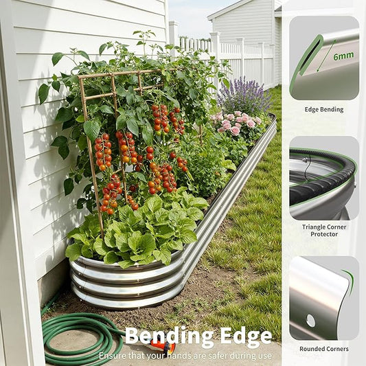 Galvanized Metal Raised Garden Bed Kit for Outdoor Planter Boxes with Easy Assembly,Oval Large Galvanized Gardening Raised Bed for Vegetables, Fruits, Flower (Silver, 12 * 2 * 1ft)