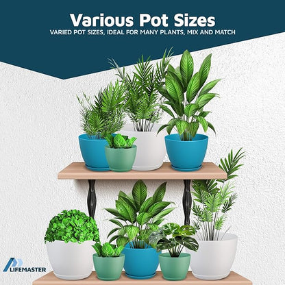 Multicolor Plant Pots with Drainage Holes & Saucers 3 Pack, Indoor & Outdoor Stackable Space-Saving Planters for Houseplants & Flowers, (7", 6.7", and 6" Inches), Durable & Weatherproof Materials