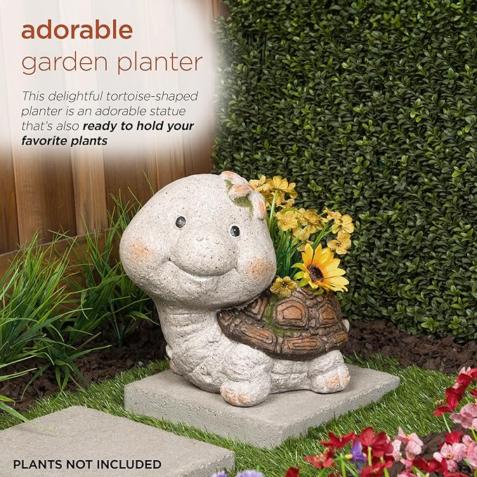 Alpine Corporation WQA1592 Blushing Tortoise Statue Planter w/Drainage Hole, Décor for Garden, Patio, & Lawn, 13" H, Gray