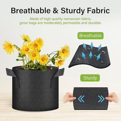 HealSmart 3 Gallon 5 Pack Plant Grow Bags, Tomoato Planter Pots with Handles, Aeration Nonwoven Fabric, Heavy Duty Gardening Planter for Vegetable, Herbs and Flowers, Black