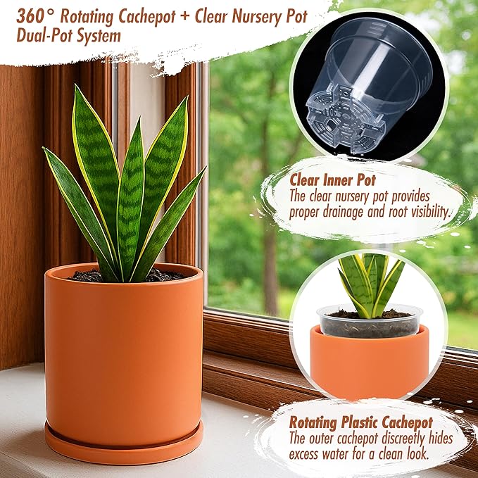 D'vine Dev Double-Layer Planter Set – Rotating Plastic Cachepot with Clear Inner Liner for Root Health, Perfect for Indoor Plants, 4.5", Pumpkin, 73-U-E-1