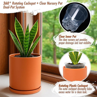 D'vine Dev Double-Layer Planter Set – Rotating Plastic Cachepot with Clear Inner Liner for Root Health, Perfect for Indoor Plants, 4.5", Pumpkin, 73-U-E-1