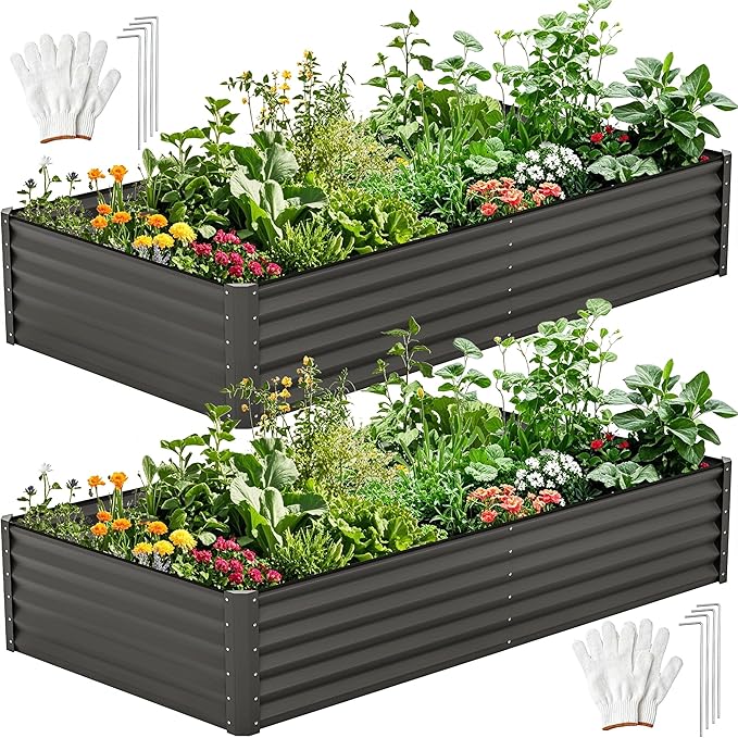 DWVO 2pcs 8 x 4 x 1.5 FT Raised Garden Bed Kit, Outdoor Galvanized Flower Bed with Safety Rubber and Gloves, Large Metal Planter Box for Vegetables, Flowers, Herbs, Fruits, Black
