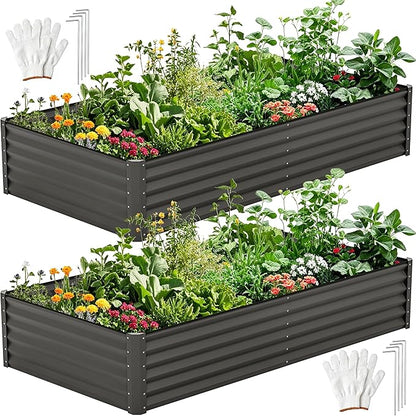DWVO 2pcs 8 x 4 x 1.5 FT Raised Garden Bed Kit, Outdoor Galvanized Flower Bed with Safety Rubber and Gloves, Large Metal Planter Box for Vegetables, Flowers, Herbs, Fruits, Black
