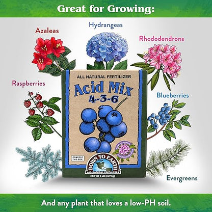 Down To Earth All Natural Fertilizers Organic Acid Mix - Plant Food for Blueberries, Raspberries, Azaleas and Rhododendrons 4-3-6, 5 lb