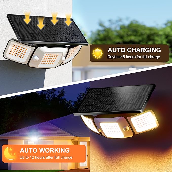 intelamp Outdoor Solar Flood Light Waterproof, Upgraded 6000mAh 1500LM/3000K Warm White 108 LED Dual Motion Sensor Dusk to Dawn Security Floodlight Exterior with Remote for Outside Garden Yard