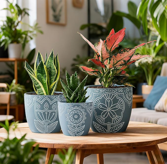 Terracotta Plant Pots,6.5+5+4.4 Inch Plant Pots Indoor with Drainage Hole- Floral Pattern,Blue Ceramic Planters for Indoor Plants,Boho decorative Flower Pots for Succulents,Herbs Plants,Set of 3