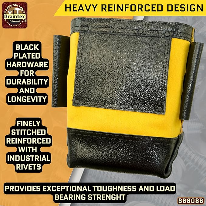 Graintex Nut & Bolt Bag Yellow Color Premium Quality Suede Leather Tool Bag, Tool Belt for Ironworker Tools, Bull Pin Loops, Ideal for Heavy-Duty Use, Bolt Bags for Construction Professionals - SB8088