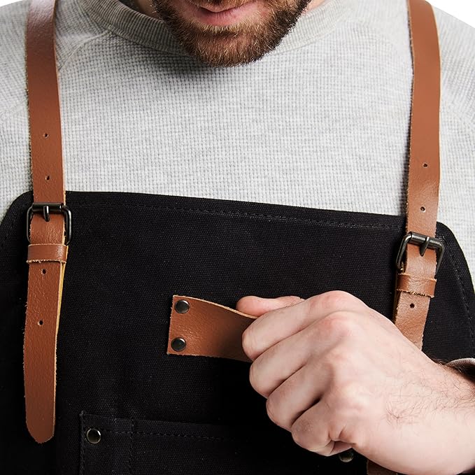 Theodore Waxed Canvas Work Apron - Cross Back with Leather Straps, 14oz Heavy Duty Canvas, Multi-Pocket Utility