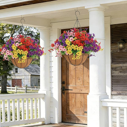 Senjie 2 Set Artificial Hanging Flowers with Basket for Outdoor Decor, UV Resistant 24 Bundles Faux Flowers Fake Hanging Planter for Porch Patio Balcony