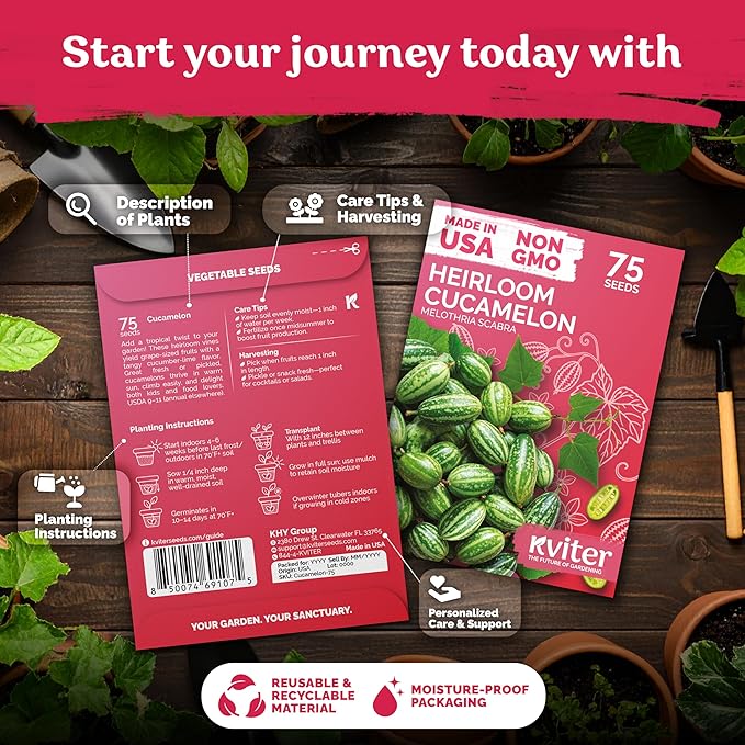 KVITER 150 Cucamelon Seeds for Planting (Melothria Scabra), 2 Pack – Mexican Sour Gherkin Seeds, Gherkin Cucumber, Mexican Mini Watermelon – Heirloom Vegetable Seed for Outdoor & Indoor Garden
