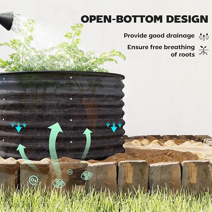 Outsunny Galvanized Raised Garden Bed Set of 2, Planters for Outdoor Plants with Safety Edging, Easy-to-Assemble Stock Tanks for Growing Flowers, Herbs and Vegetables, 3' x 3' x 2', Dark Gray