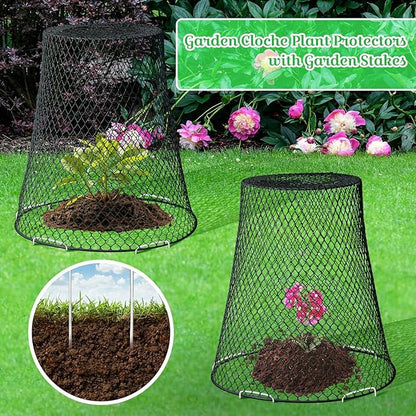Therwen 15 Pcs Large Chicken Wire Cloche Plant Protector Cover 11x12 Inch Metal Garden Cloche Dome for Plants Wire Protection Basket with Garden Stakes Plant Cages from Animals (Black)