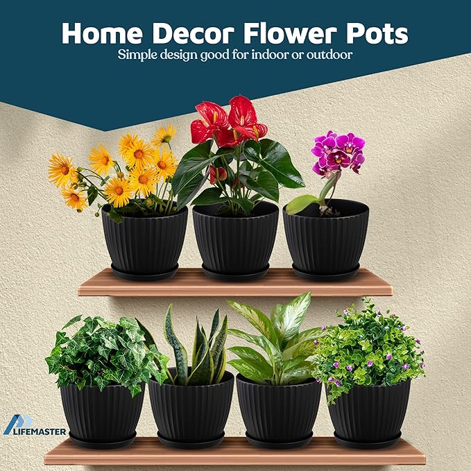 Black 6-Inch Plant Pots with Drainage & Saucers 24 Pack, Indoor & Outdoor Planters for Houseplants, Herbs, and Flowers, Durable & Weatherproof Material, Stackable, Lightweight, Minimalist Design