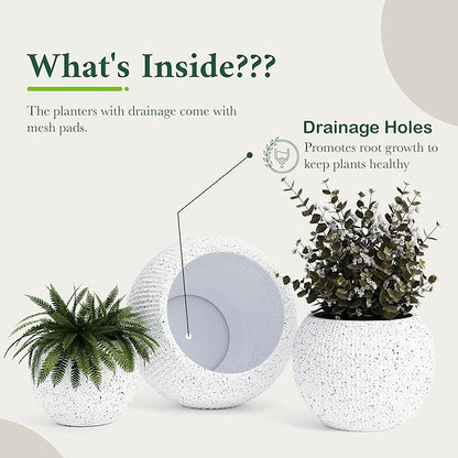 DTY Mount Sherman 12.6" D x 10'' H (Pot Opening 8.5") Fiberstone Round Planter with Drainage Hole, Smooth Finishes, Weather Resistant for Indoor and Outdoor, 2 Extra Coco Mats - White Ribbed,Small