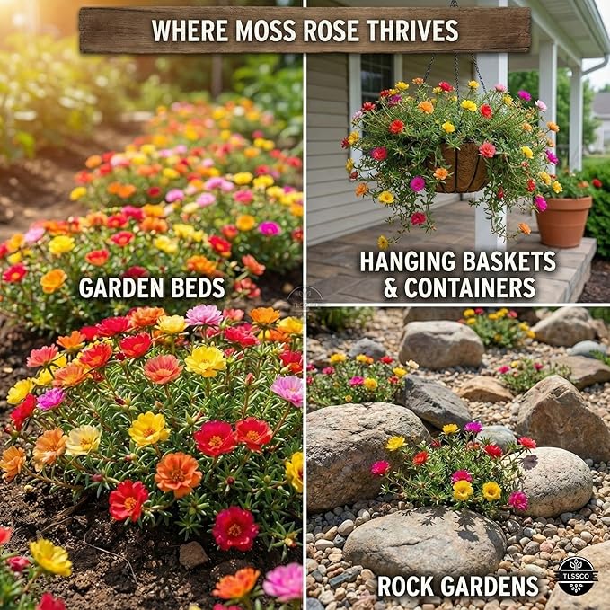 24500+ Moss Rose Seeds, Pack for 2026 USA Premium Non-GMO Flower Seeds Annual Flower for Ground Cover - Heat & Drought Tolerant Moss-Rose Purslane, Eleven O'clock
