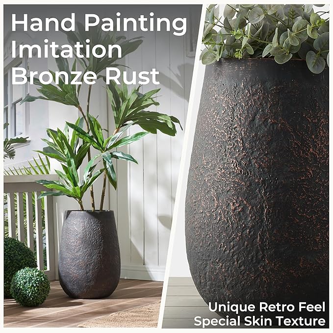 Weathered Concrete 19.7 Inch Tall Planter, Large Decorative Flower Pot with Drainage Hole, Round Plant Container for Home, Garden, Patio, Courtyard, A Dusting of Bronze Rust with Green Tone, 1 Pack