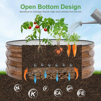 Galvanized Raised Garden Bed- 2Pcs Metal Planter Boxes Outdoor | 12" Tall 36" Round Steel Raised Bed Kit & Fire Pit Ring for Gardening with Protective Tape for Vegetables (Wood Grain)