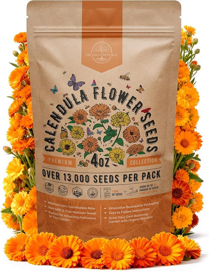 Calendula Seeds Pack 4 oz - Over 13,000 Non-GMO Heirloom Calendula Seeds for Planting Indoor & Outdoor Gardening, Flower Seed for Planting Home and Garden, Flowers Seed in Individual Packet