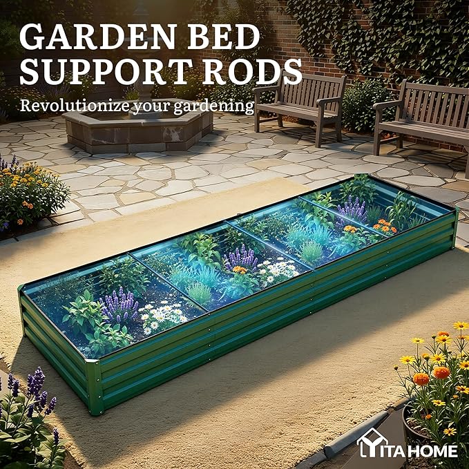 YITAHOME 4pcs 12x4x1 ft Galvanized Raised Garden Bed Kit, Large Metal Planter Box with Gloves, Safety Rubber & Support Rod, Outdoor Flower Bed for Plants Vegetables, Green