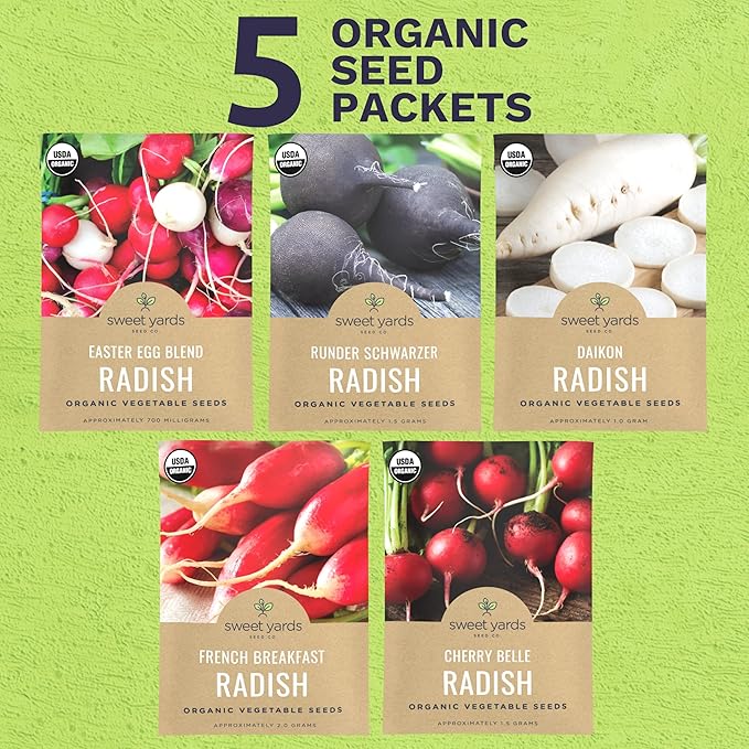Organic Radish Seeds Variety Pack - 5 Individual Packs - 2026 Season - Cherry Belle, Easter Egg, French Breakfast and More! for Indoor & Outdoor Planting (Non-GMO, Certified Organic)