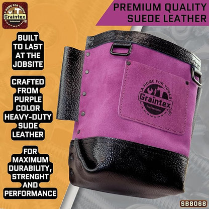 Graintex Nut & Bolt Bag, Purple Color Premium Quality Suede Leather Tool Bag, Tool Belt for Ironworker, Bull Pin Loops, Ideal for Heavy-Duty Use, Bolt Bags for Construction Professionals - SB8068