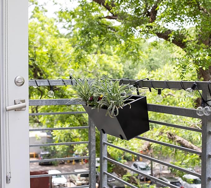 BIRDROCK HOME 2pk Metal Railing Planter - Black Balcony Flower Box - Deck Rail Boxes - House Apartment Plant Pot