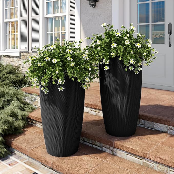 22" Tall Planter Set of 2, Large Self Watering Pots for Indoor/Outdoor Plants with Drain Holes, Water Level Monitor, Inner Bucket for Front Porch Patio, Black Rattan Conical