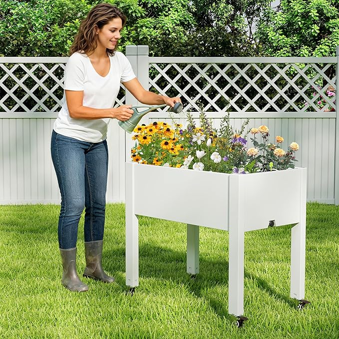 Raised Garden Bed with Wheels - Outdoor Mobile Elevated Resin Planter Box with Drainage Holes for Vegetables Flower Herbs (1 Pack, White)