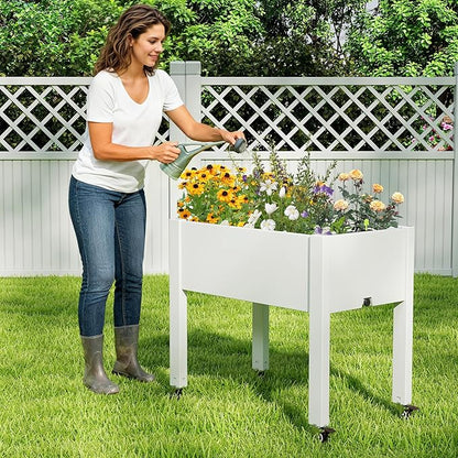 Raised Garden Bed with Wheels - Outdoor Mobile Elevated Resin Planter Box with Drainage Holes for Vegetables Flower Herbs (1 Pack, White)