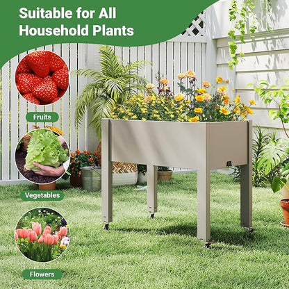 Raised Garden Bed with Wheels - Outdoor Mobile Elevated Resin Planter Box with Drainage Holes for Vegetables Flower Herbs (1 Pack, Gray)