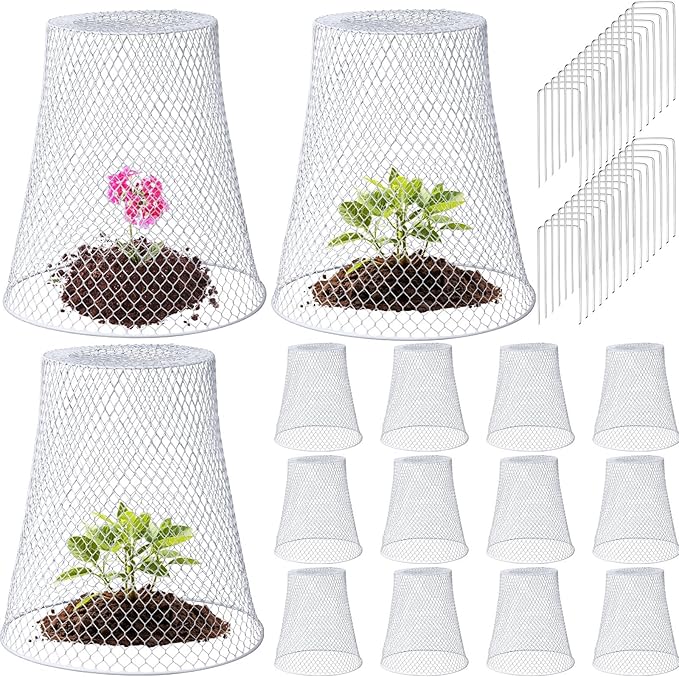 Therwen 15 Pcs Large Chicken Wire Cloche Plant Protector Cover 11x12 Inch Metal Garden Cloche Dome for Plants Wire Protection Basket with Garden Stakes Plant Cages from Animals (White)