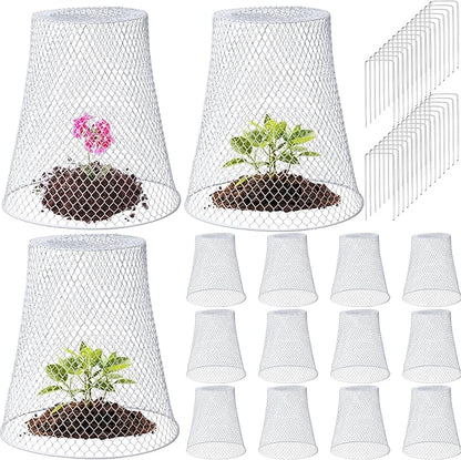Therwen 15 Pcs Large Chicken Wire Cloche Plant Protector Cover 11x12 Inch Metal Garden Cloche Dome for Plants Wire Protection Basket with Garden Stakes Plant Cages from Animals (White)