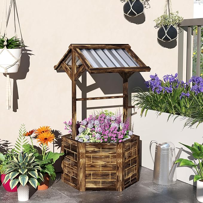 Outsunny Wooden Wishing Well Planter, Raised Garden Bed with Galvanized Canopy, Hexagon Outdoor Planter Box for Flowers, Herbs and Vegetables, Tan