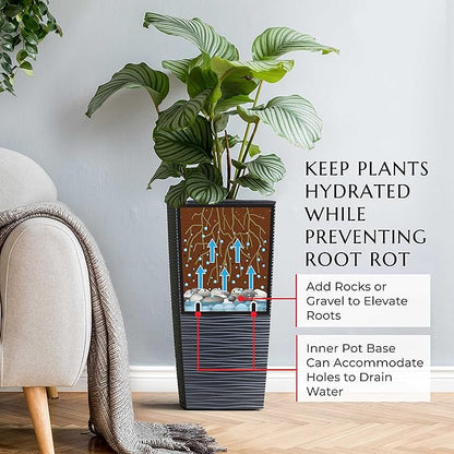 Mueller Janska M-Resin Heavy Duty Tall Planter, Indoor/Outdoor Grande Plant, Tree, Flower Pot, 2-Piece Set, 27.5”, Modern Design, Built-in Drainage, Dark Grey