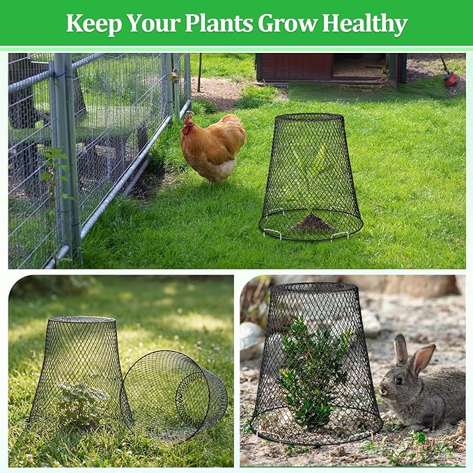 Therwen 20 Pcs Large Chicken Wire Cloche Plant Protector Cover 11x12 Inch Metal Garden Cloche Dome for Plants Wire Protection Basket with Garden Stakes Plant Cages from Animals (Black)