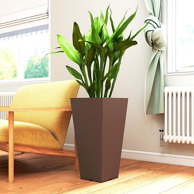 Outsunny 23 Inch Tall Planters for Outdoor Plants, Set of 2 Plastic Flower Pots, Weather and UV Resistant Stackable Tapered Large Planters for Front Door Patio Garden Use, Brown